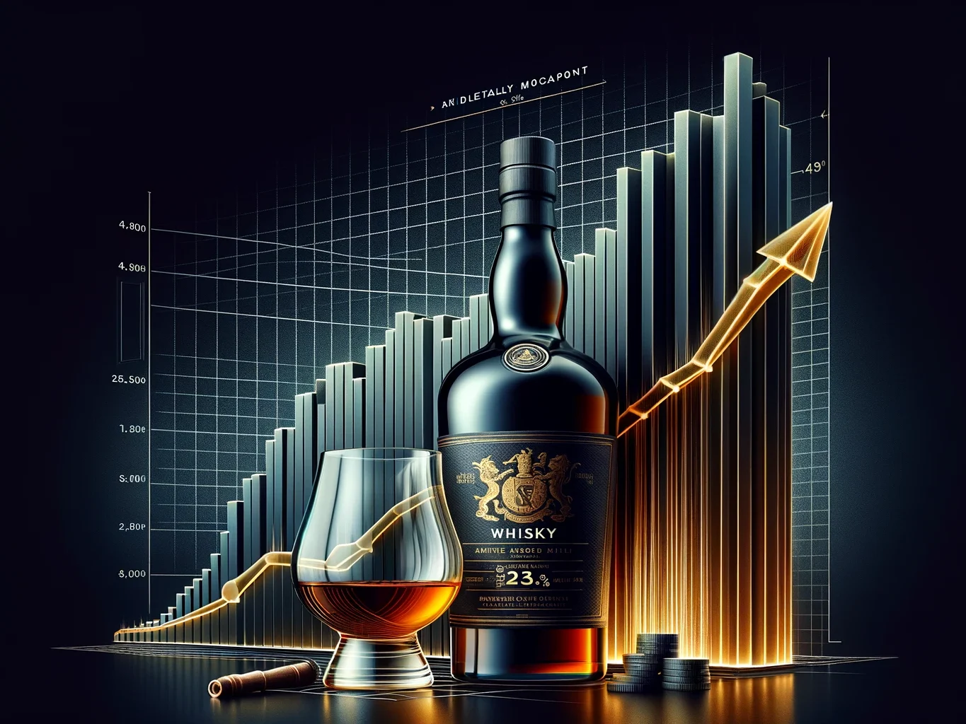 Whisky bottle and glass in front of a chart of exponentially growing numbers, symbolising how the price of whiskies increases with their age statement.