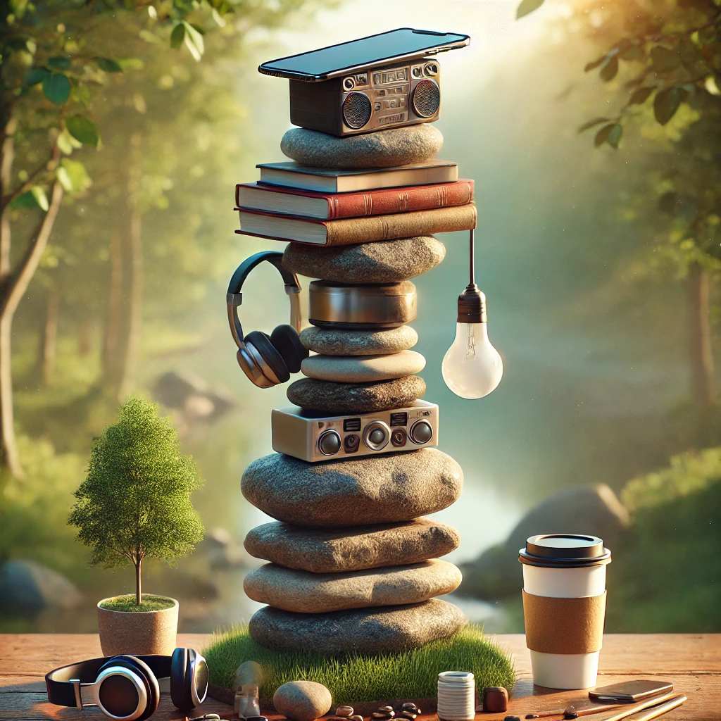 A stack of balanced rocks, except some of the rocks are replaced with consumer goods such as a pone, a radio and a lightbulb. It represents the balance between production and environment.